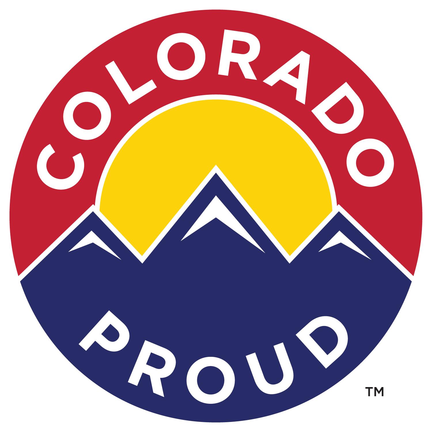 Circular logo featuring the words "Colorado Proud" with a stylized sun rising over blue mountains, designed to promote Colorado's local products and pride in its agricultural heritage.